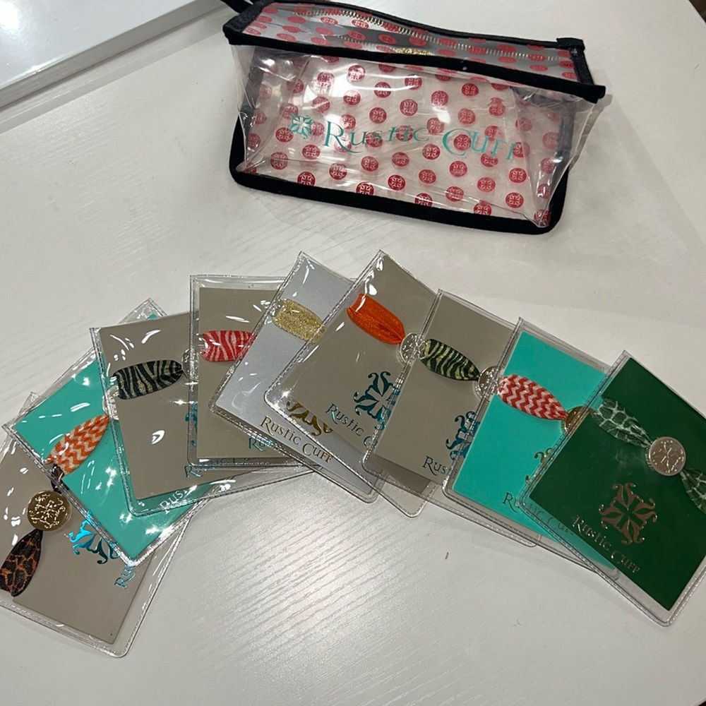 NEW 8 Rustic Cuff hair elastics with the Rustic Cuff clear zipper pouch